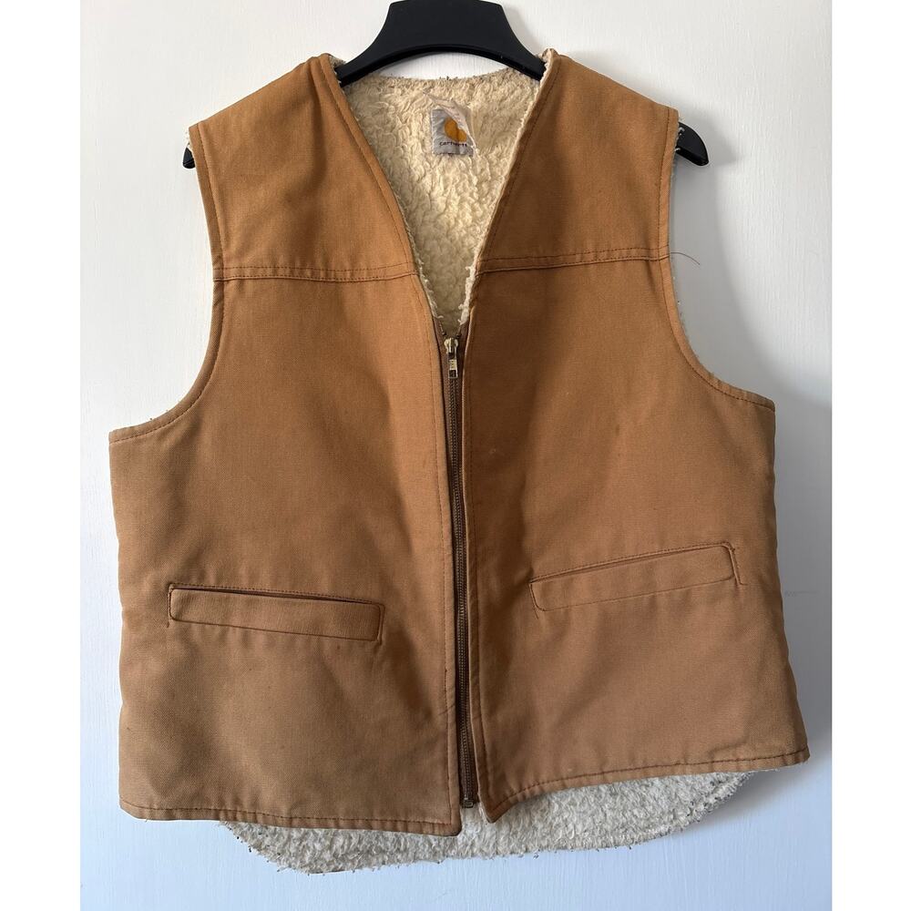 Carhartt Brown Zip Vest Sherpa Lined Zip Up Work Vest Large USA Workwear Vintage